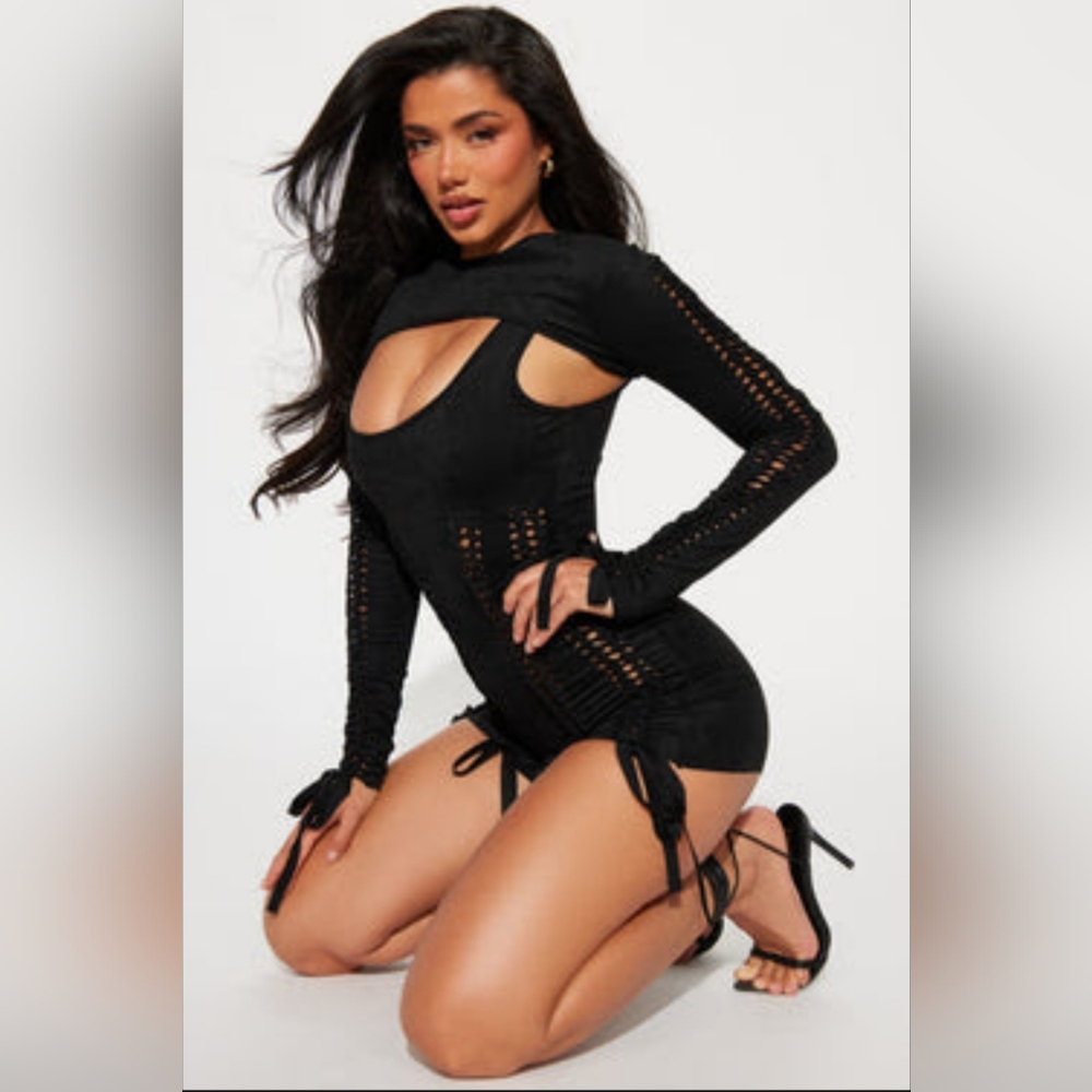 2 Piece Faux Suede Long-Sleeve Black Romper with Cutout Knit Detail
